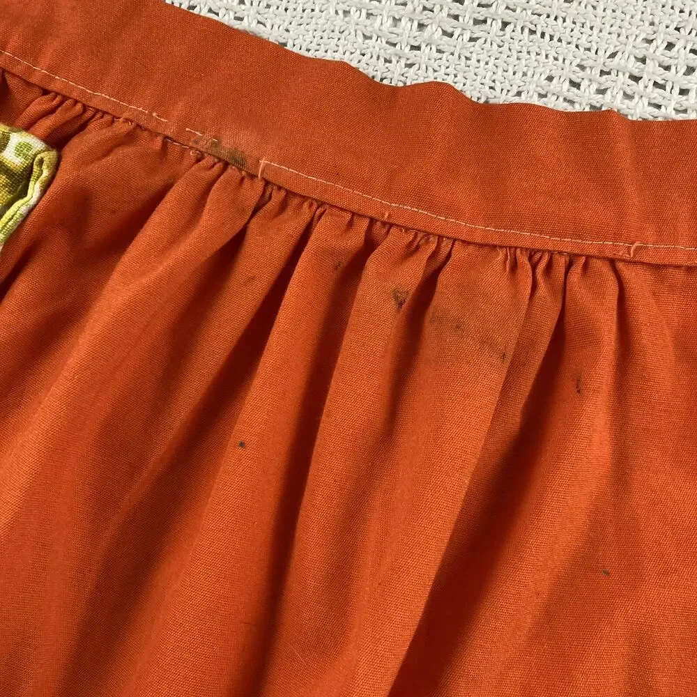 Retro Orange Kitchen Apron Handmade Floral Pocket Short Waist Tie Vintage